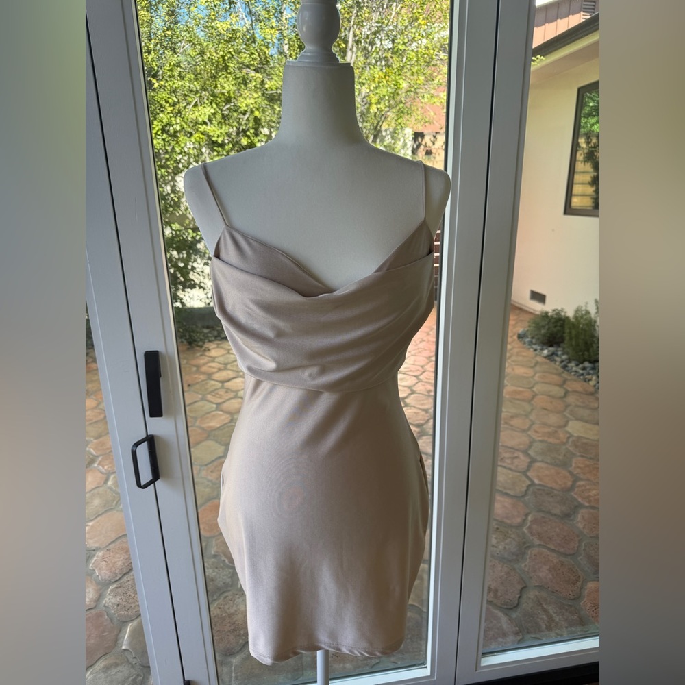 NWT Windsor Champagne Satin Cowl Neck Mini Dress Women’s Large